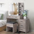Coiffeuse Ktaxon avec miroir éclairé à 3 couleurs & station de charge, table de maquillage avec 3 étagères de rangement & tiroirs, bureau de toilette avec tabouret, gris rétro