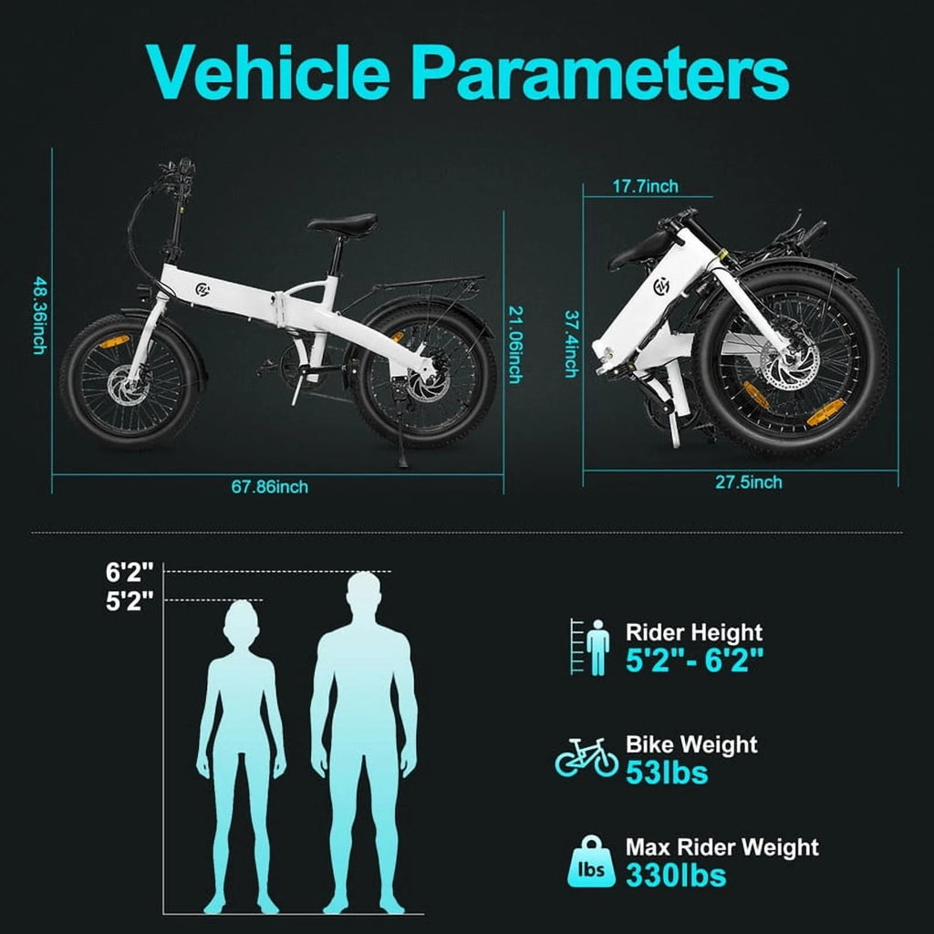 Vélo électrique pour adultes avec puissance de crête de 750 W, moteur de 500 W, pneus larges 20 x 2,5, vélo pliant, batterie 48 V 7,8 Ah offrant une autonomie de 43 mi, vitesse maximale de 24 mi/h