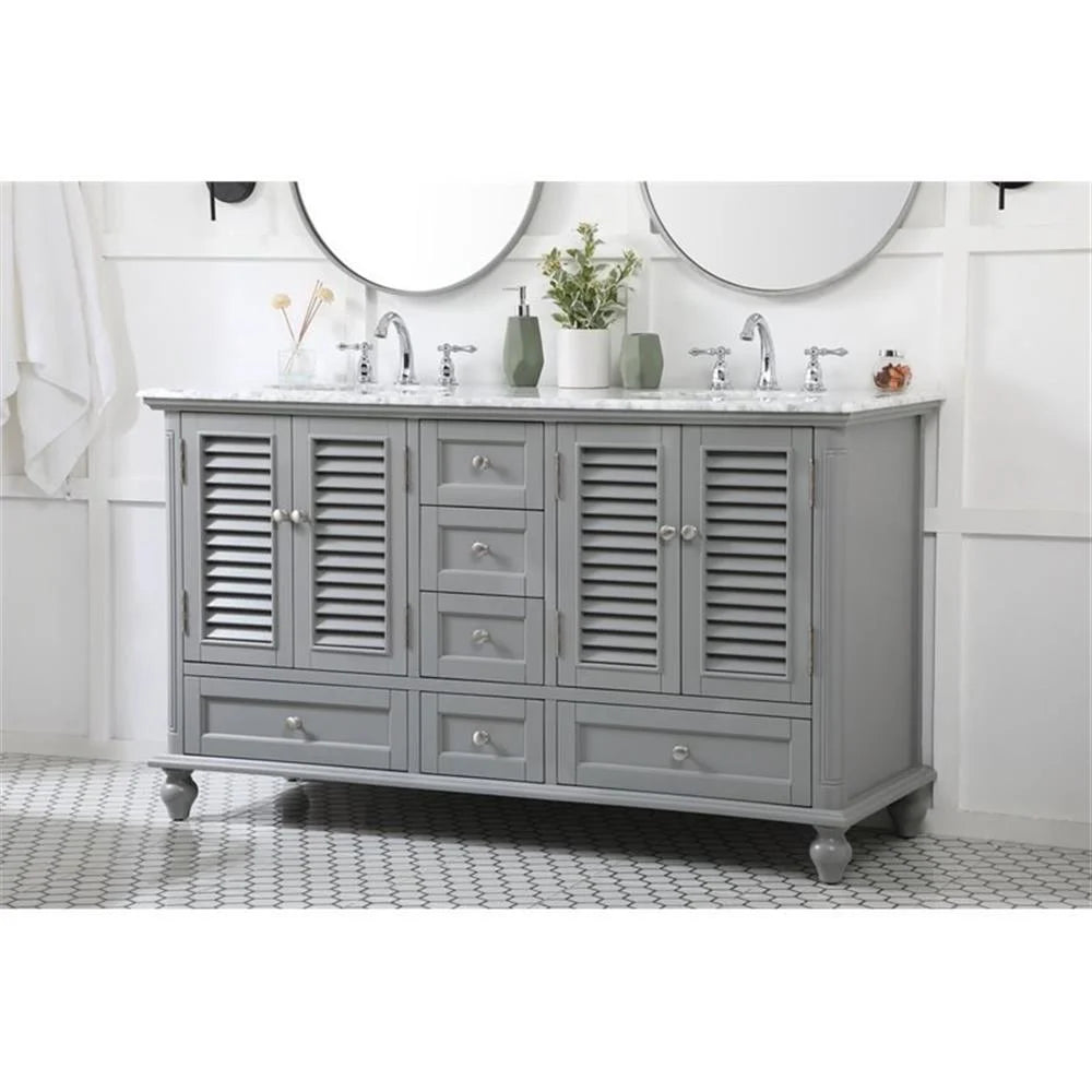 Meuble-lavabo double élégant de 60 pouces pour salle de bain, blanc antique