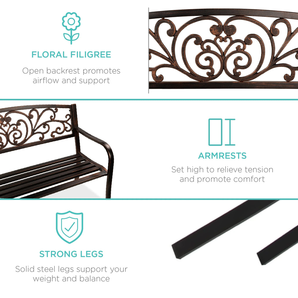 Best Choice Products Banc en Acier d'Extérieur Jardin Patio Porche Meuble avec Dossier à Motif Floral - Noir