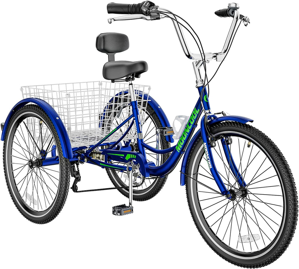 Tricycles pour adultes MOONCOOL avec panier arrière et pompe à pied, vélos à 3 roues 7 vitesses de 24 et 26 pouces, vélo à trois roues pour adultes avec dossier pour seniors, femmes et hommes