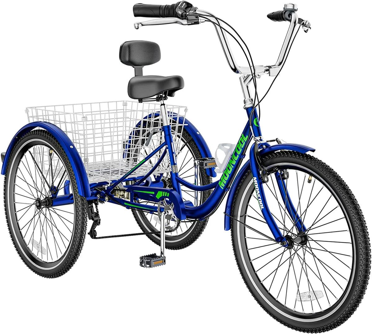 Tricycles pour adultes MOONCOOL avec panier arrière et pompe à pied, vélos à 3 roues 7 vitesses de 24 et 26 pouces, vélo à trois roues pour adultes avec dossier pour seniors, femmes et hommes