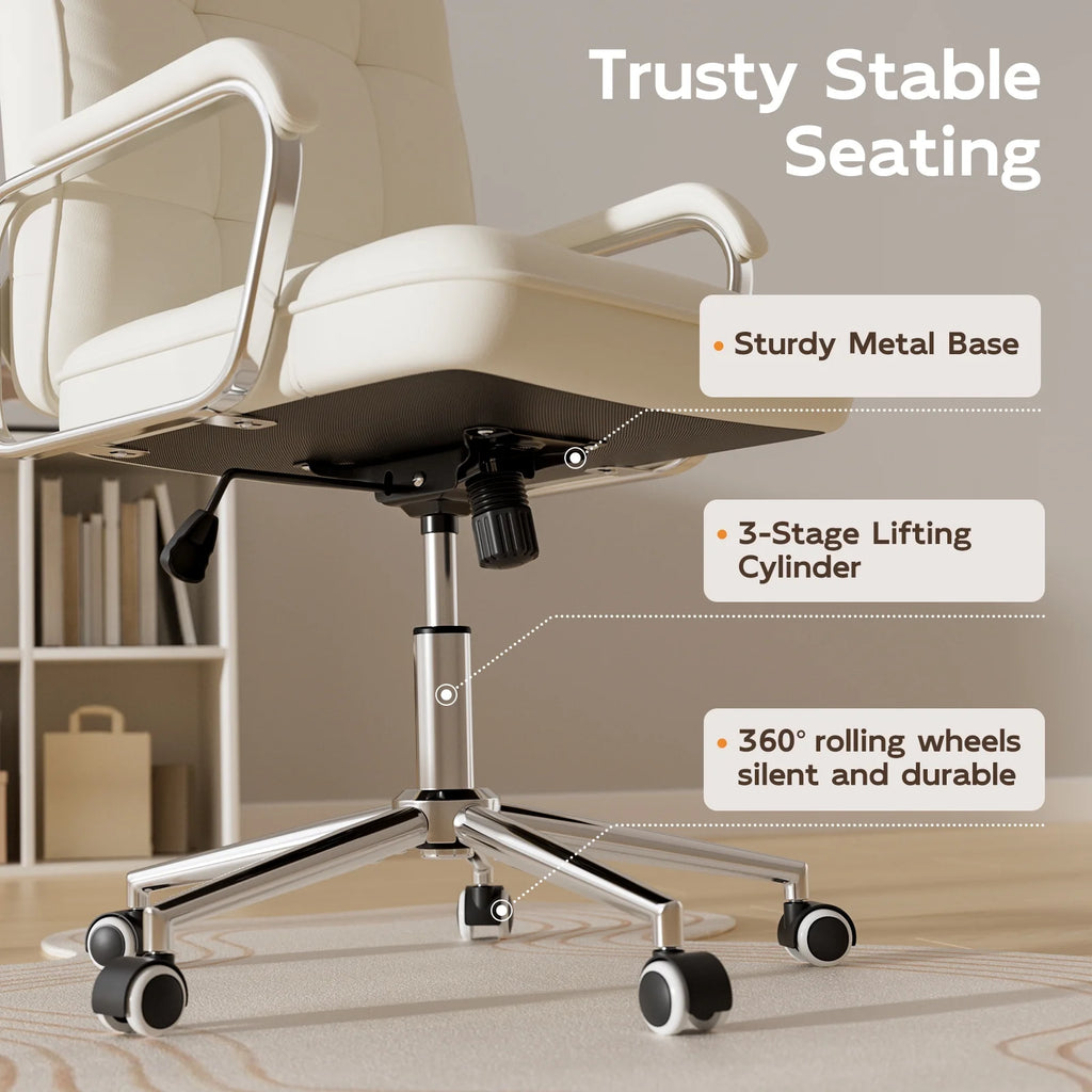 Chaise de bureau Solfway blanche, fauteuil de bureau pivotant en cuir avec roulettes et accoudoirs rembourrés, fauteuil de direction pour adultes