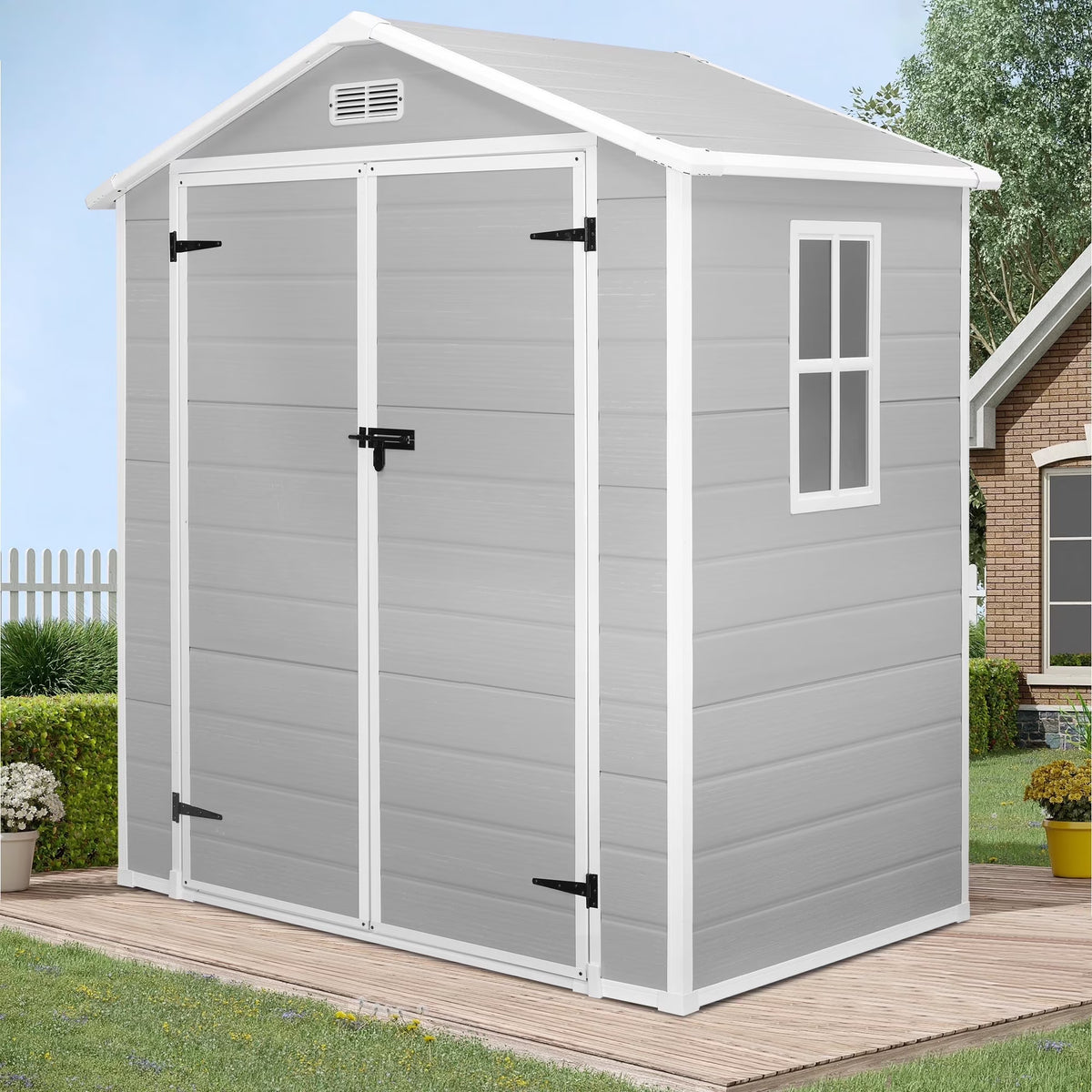 Enyopro Abri de rangement extérieur 6 x 4,4 pi, grand abri utilitaire en résine plastique toutes saisons pour outils avec deux portes verrouillables, pour patio, cour arrière et pelouse, gris