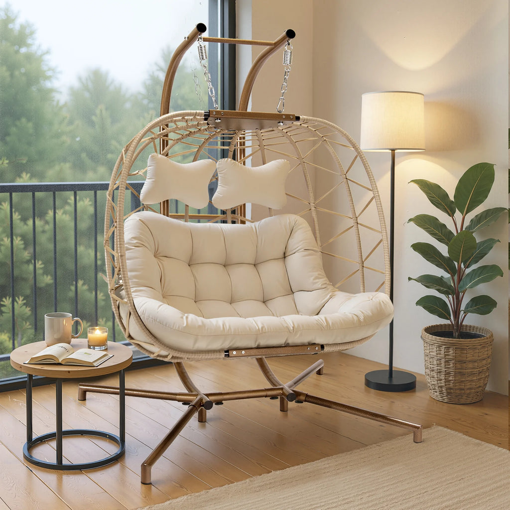 Fauteuil suspendu œuf double en osier RADIATA avec support, fauteuil œuf suspendu pour 2 personnes, intérieur/extérieur, capacité de 700 lb, coussins épais et appuie-tête, structure en métal robuste, gris foncé