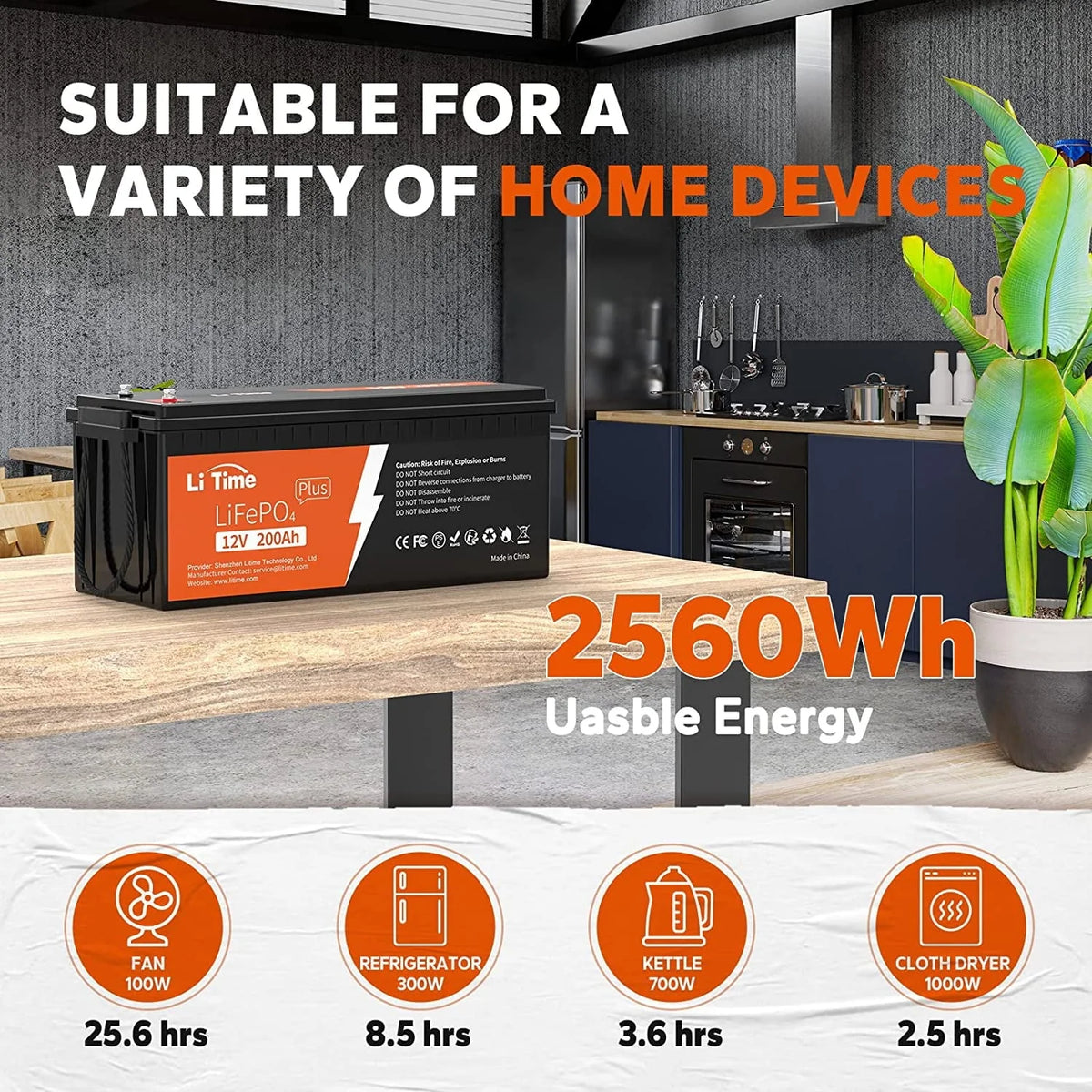 Batterie LiTime 12V 200Ah PLUS Lithium LiFePO4, Puissance de sortie max 2560W, Durée de vie de 10 ans, Batterie LiFePO4 avec BMS 200A pour Camping-car, Solaire, Hors réseau, Marine