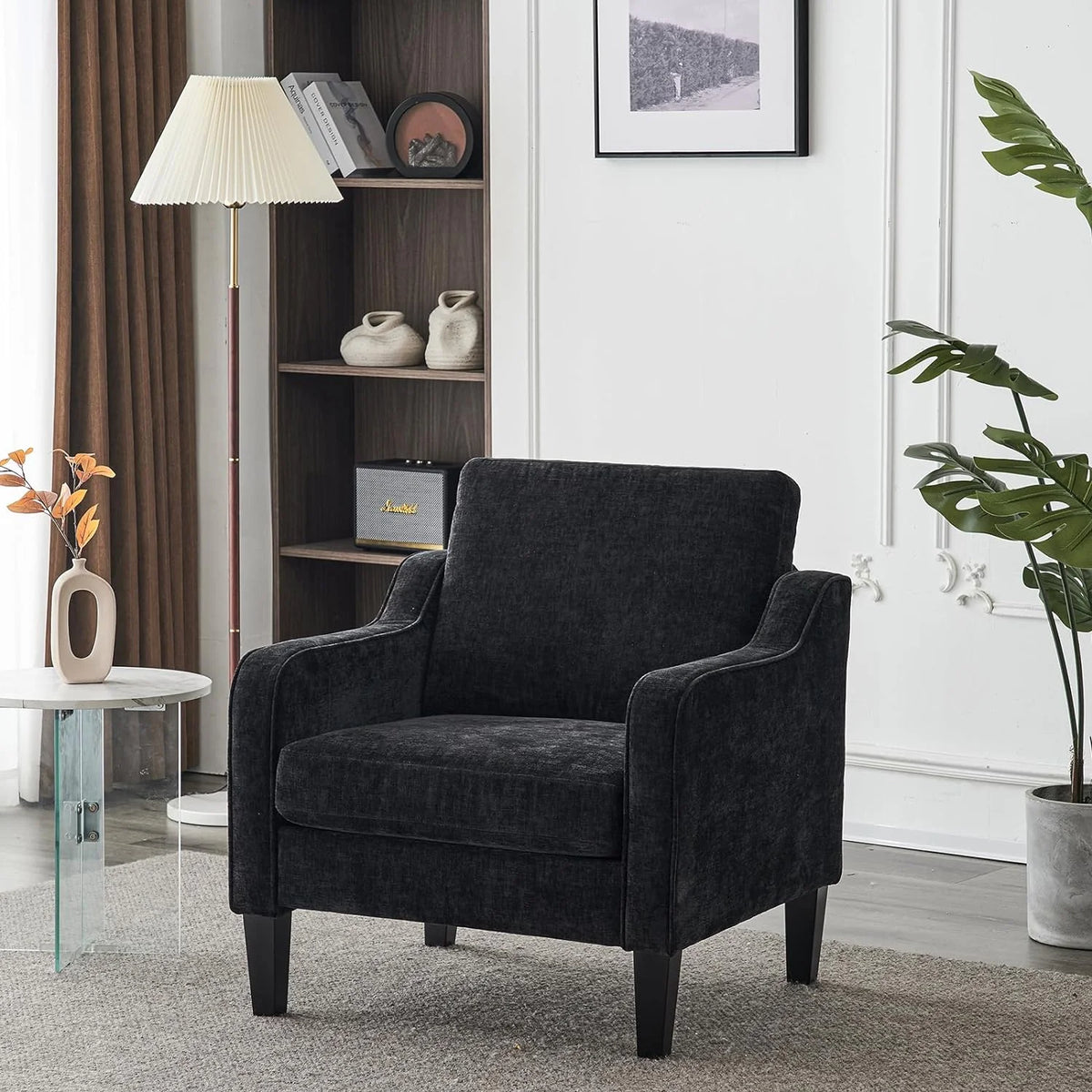 Fauteuil confortable en chenille VINGLI Mid-Century Modern, Blanc crème