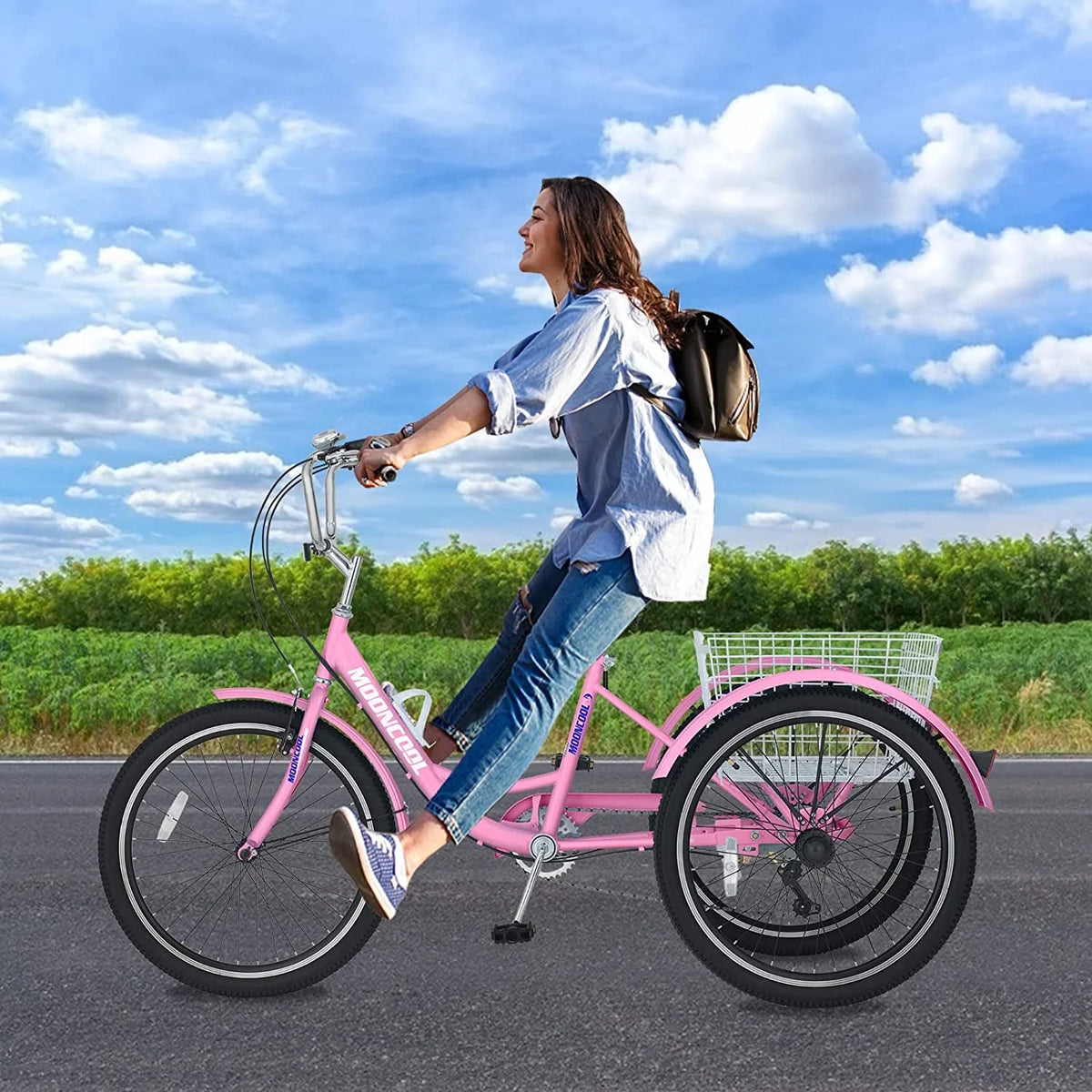 Tricycles pour adultes MOONCOOL avec panier arrière et pompe à pied, vélos à 3 roues 7 vitesses de 24 et 26 pouces, vélo à trois roues pour adultes avec dossier pour seniors, femmes et hommes