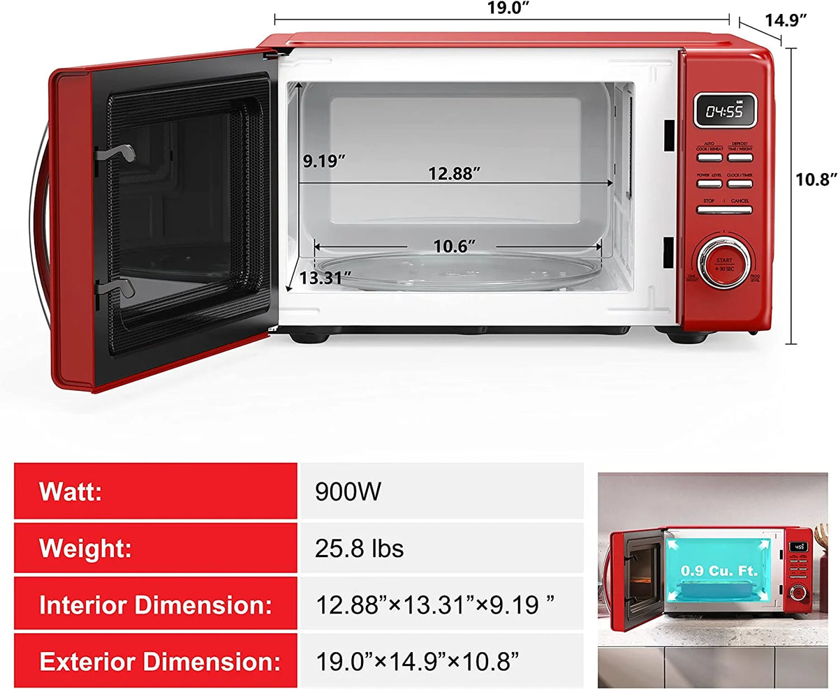Four à micro-ondes rétro de comptoir Galanz GLCMKZ09RDR09 avec fonctions de cuisson automatique et de réchauffage, décongélation et démarrage rapide, nettoyage facile avec plateau tournant en verre, poignée escamotable, 0,9 pi³, rouge