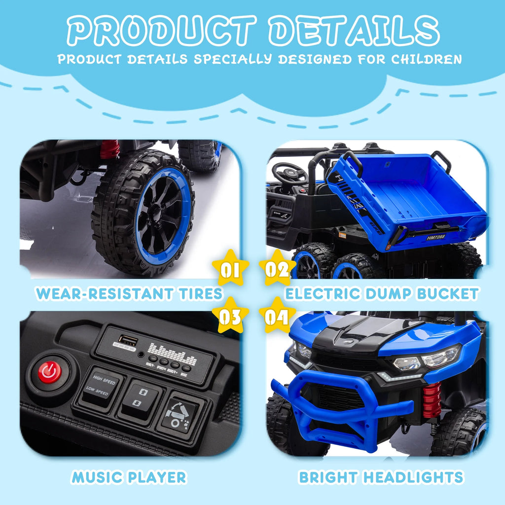 Xuanlur Voiture électrique pour enfants 24V 2 places, UTV avec moteur 2x200W, Jouet électrique 24 volts avec benne/pelle, Voiture électrique pour enfants avec pneus résistants, lumière LED, musique, télécommande, noire