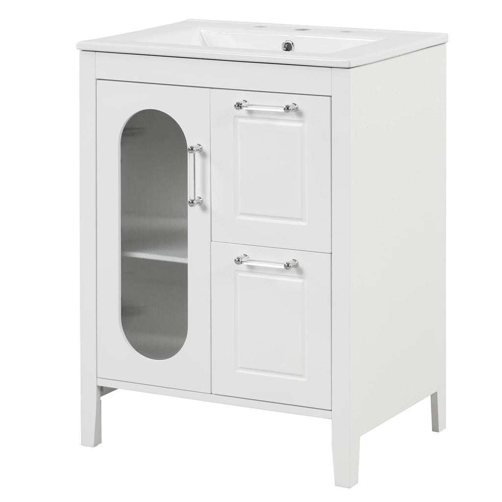 Meuble-lavabo Soges 24 avec vasque en céramique, meuble de toilette en bois massif avec porte, étagère réglable et 2 tiroirs, ensemble lavabo simple autoportant pour petite salle de bains, blanc