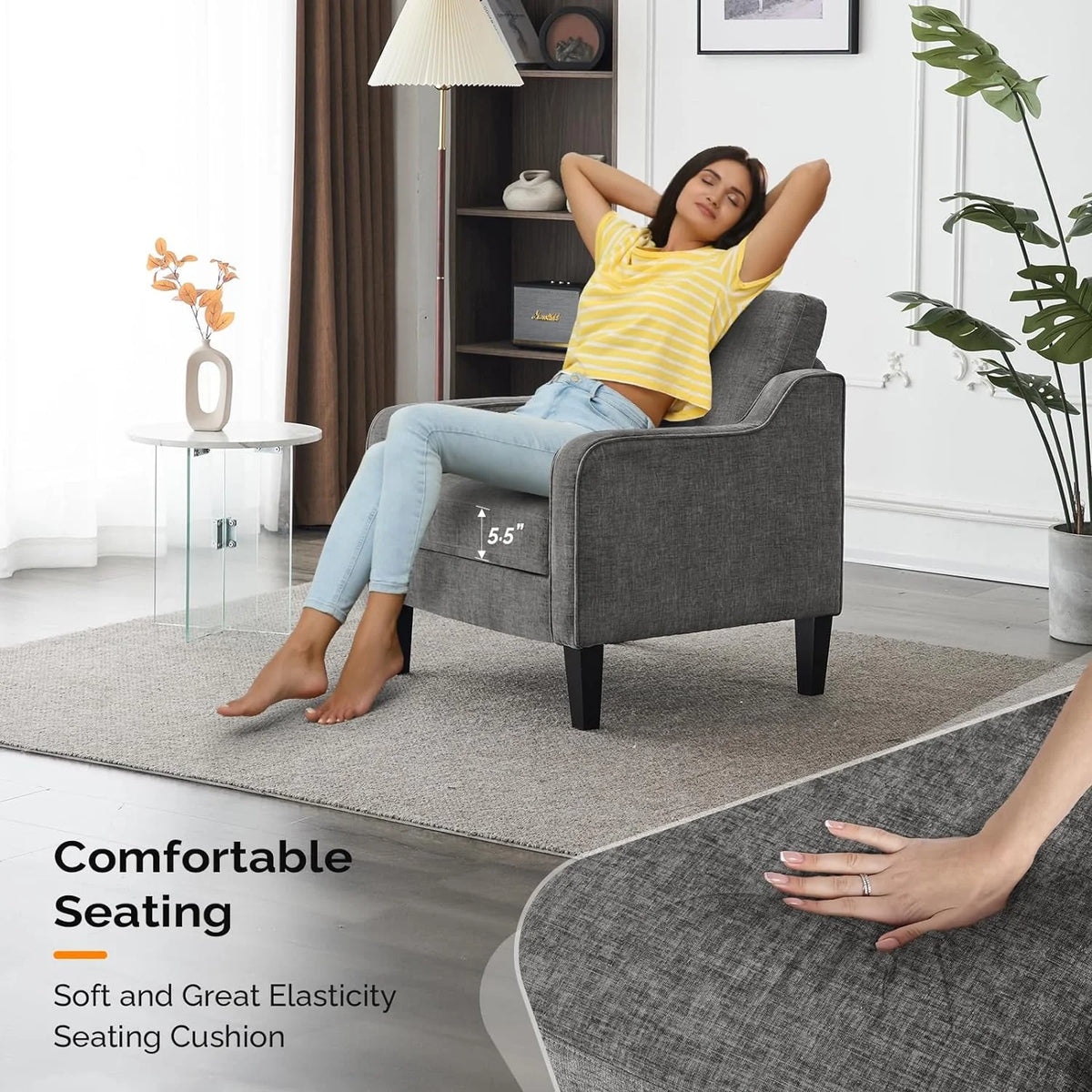 Fauteuil confortable en chenille VINGLI Mid-Century Modern, Blanc crème