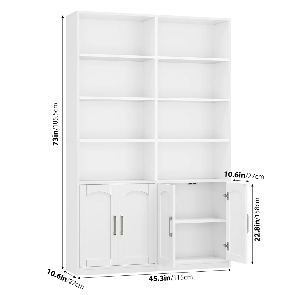 Bibliothèque haute Homfa 73 avec portes, 8 compartiments, 6 niveaux, double rangée, blanche, pour salon et bureau à domicile