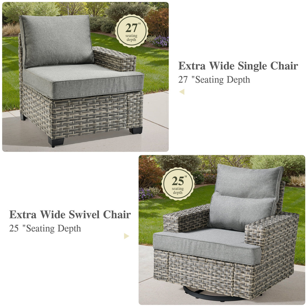 Ovios Salon de jardin modulable moderne en résine tressée toutes saisons à dossier haut, 10 pièces, avec table brasero au propane et fauteuil pivotant, gris foncé