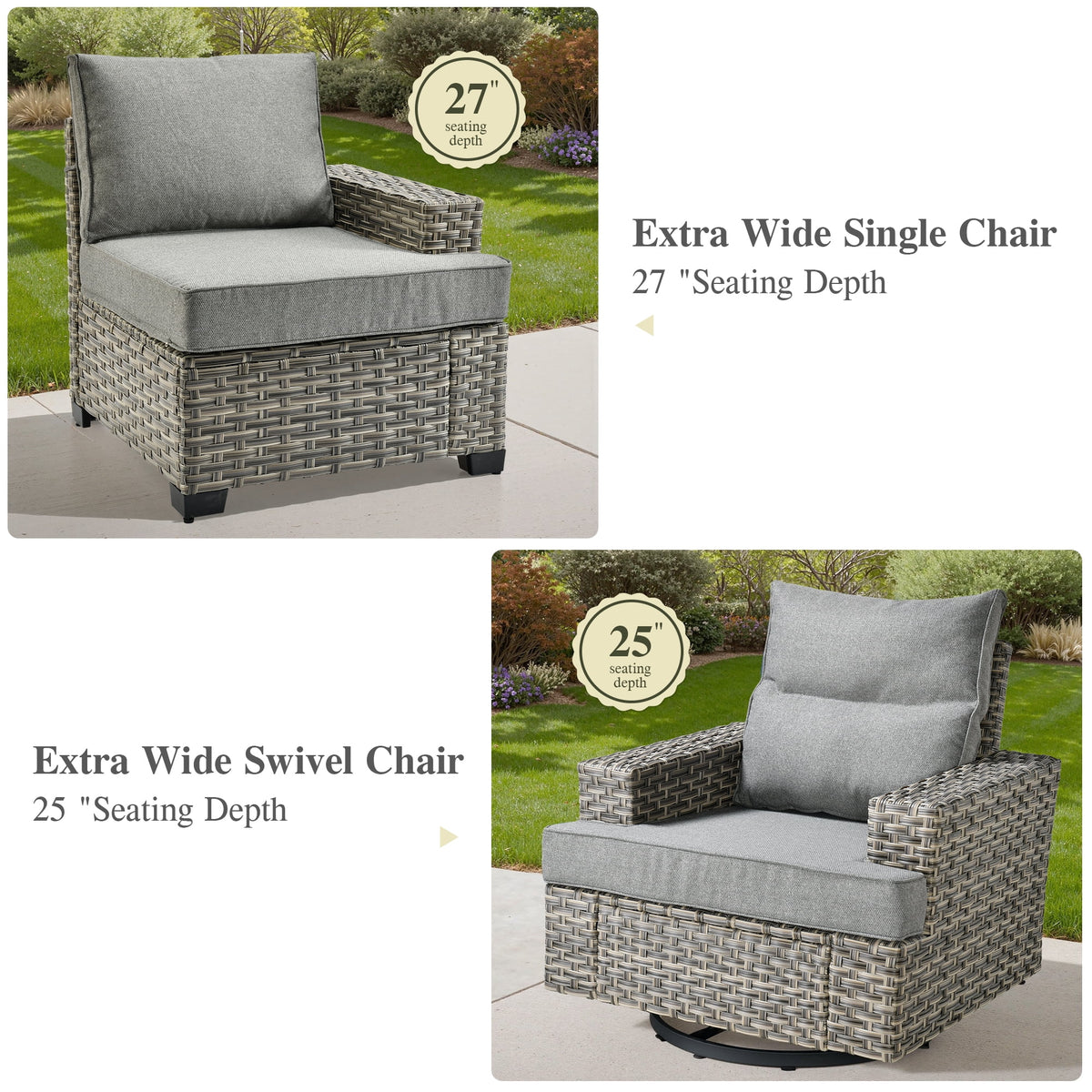 Ovios Salon de jardin modulable moderne en résine tressée toutes saisons à dossier haut, 10 pièces, avec table brasero au propane et fauteuil pivotant, gris foncé