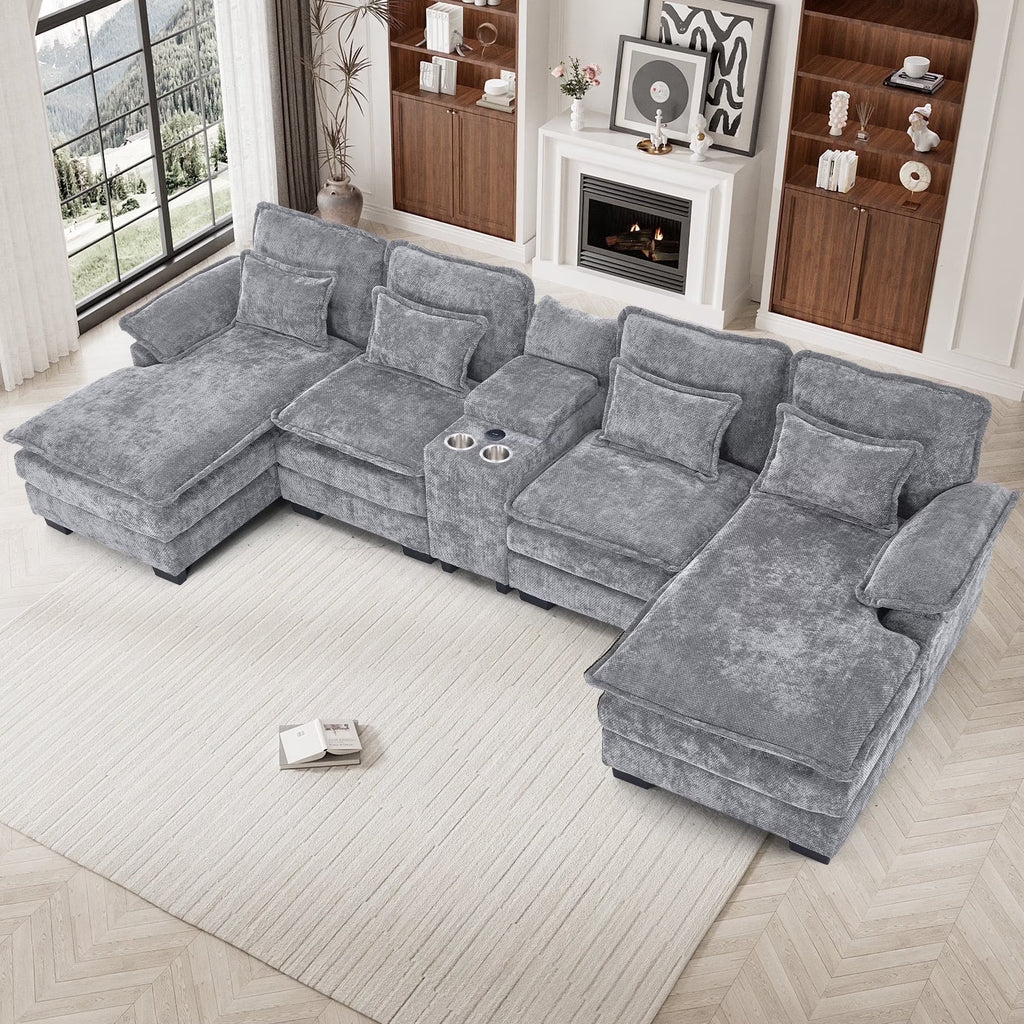 Canapé modulable en U Wiilayok Cloud Couch, méridienne double extra profonde de 124 cm en chenille duveteuse, console centrale avec ports USB-C et A doubles, gris tempête
