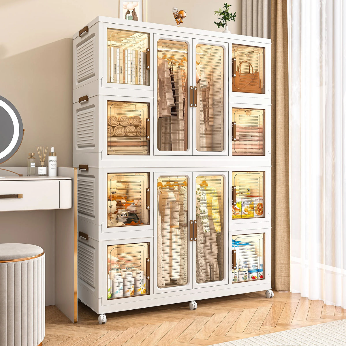 Penderie portable pour enfants Montary avec portes magnétiques et tringle – Meuble de rangement en plastique à 4 casiers pour chambre d'enfant
