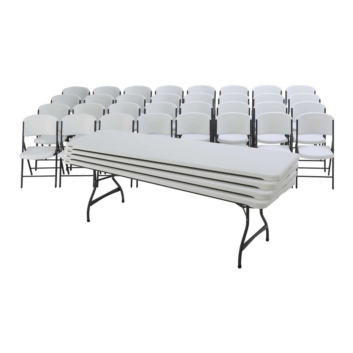 Lifetime (4) tables rectangulaires empilables de 8 pieds et (32) chaises, ensemble intérieur/extérieur de qualité commerciale, granit blanc (80410)