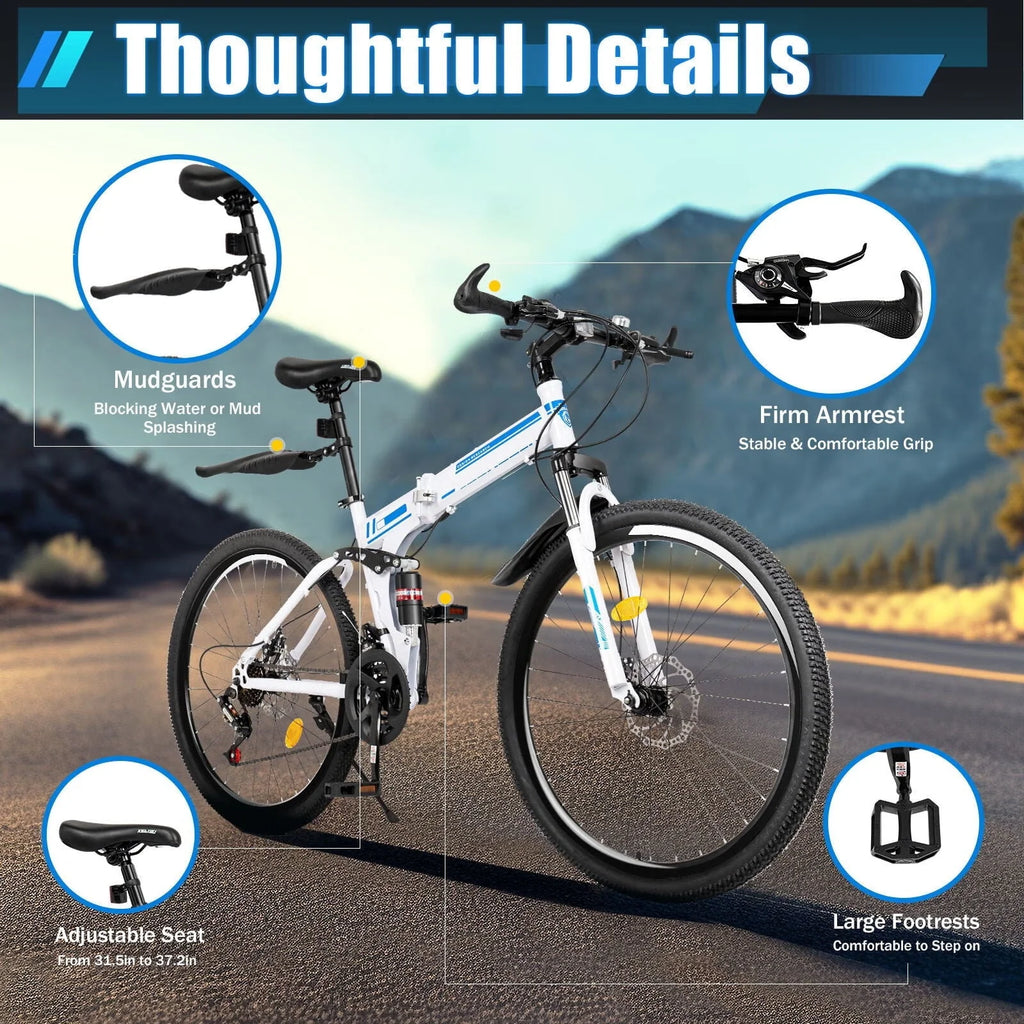 Vélo tout-terrain pliant Wuzstar 26, 21 vitesses, en acier à haute teneur en carbone, avec double frein à disque