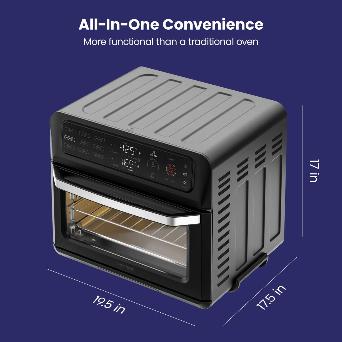 Four combiné friteuse à air Chefman 12-en-1 avec thermomètre à sonde, capacité de 20 pintes, acier inoxydable noir