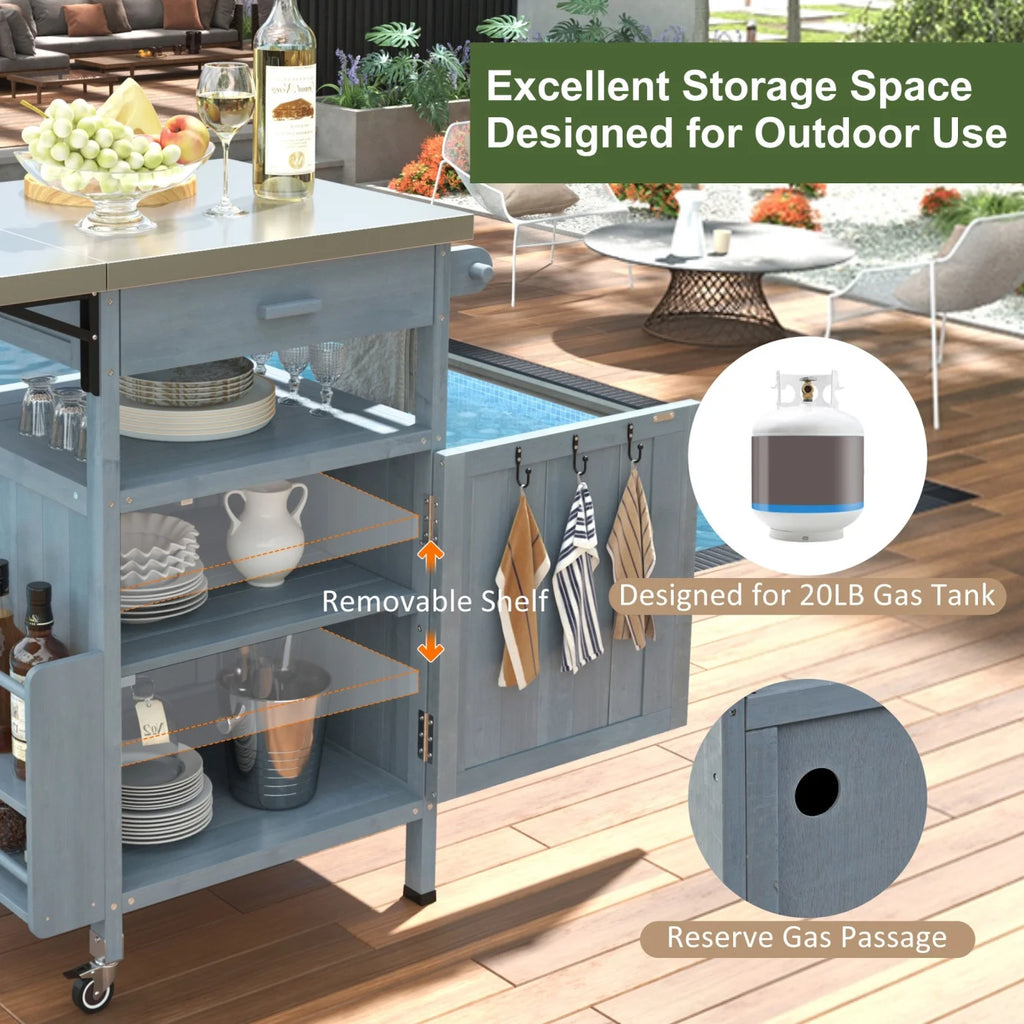 Îlot de cuisine d'extérieur en bois massif avec abattant, table pour barbecue avec plateau en acier inoxydable, chariot de bar d'extérieur et meuble de rangement avec roulettes verrouillables, tiroir, porte-épices, gris-bleu