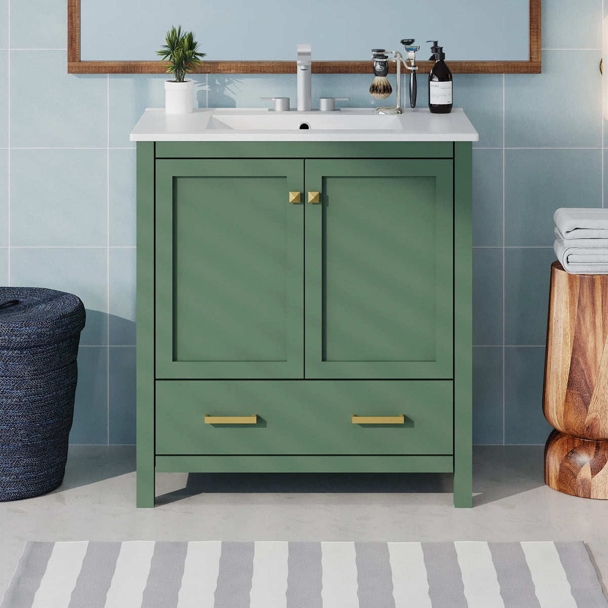 Meuble-lavabo de salle de bains Harper & Bright Designs 30 avec lavabo, armoire de salle de bains avec plateau en céramique, portes et tiroir de rangement multifonctionnels, vert