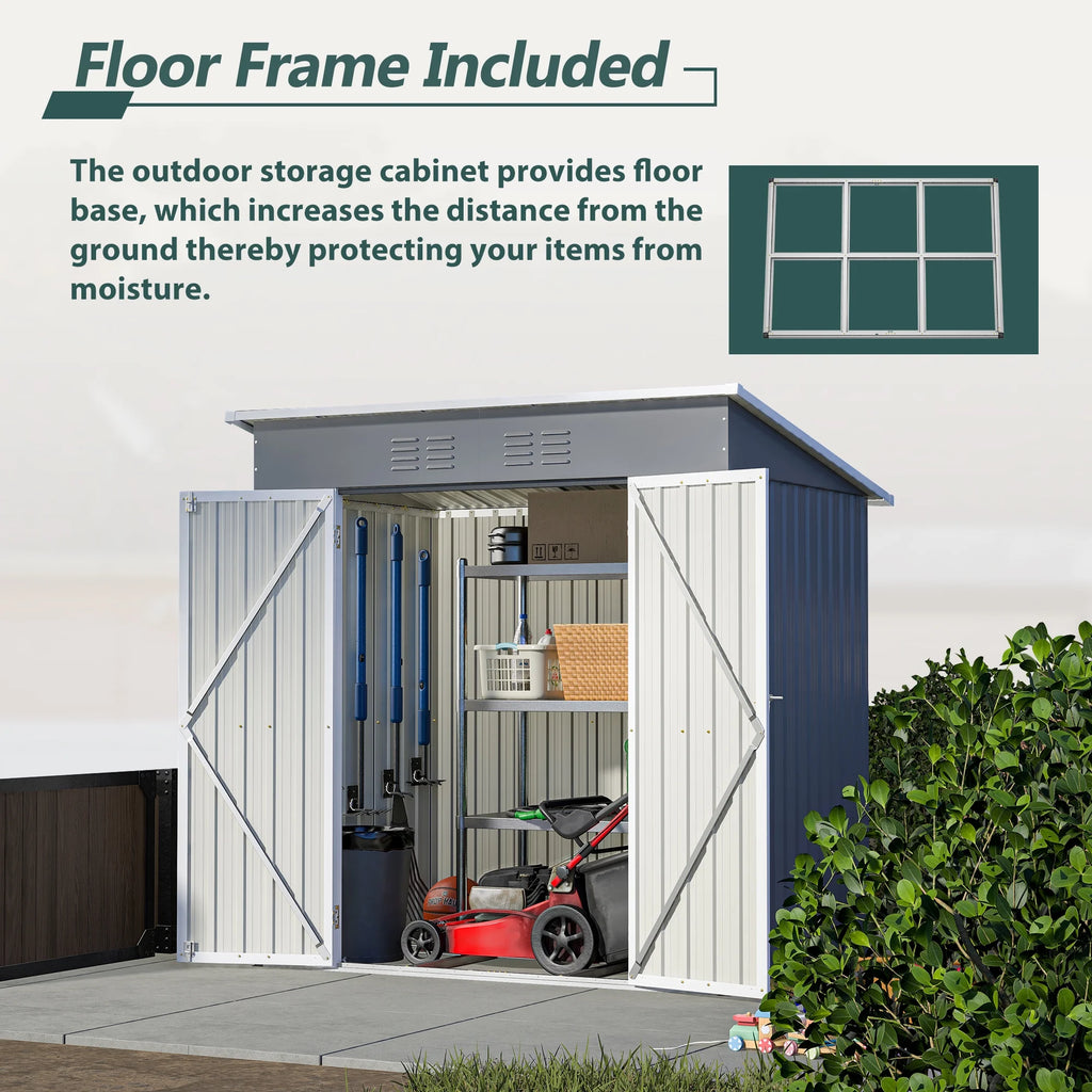 Abri de rangement extérieur de 6 x 4 pi avec cadre de plancher, abri de rangement extérieur avec porte verrouillable, abri pour outils de jardin toutes saisons avec grille d’aération pour maison, cour arrière, terrasse et pelouse, noir