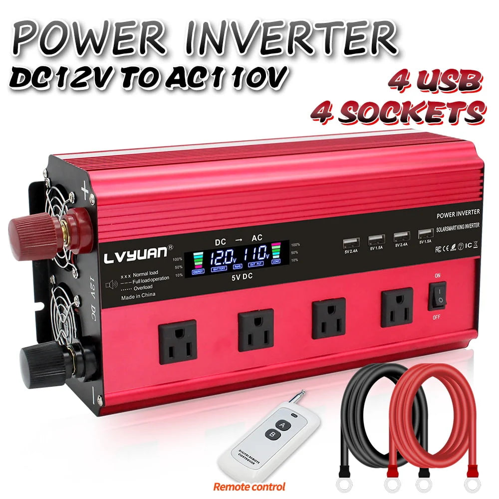 LVYUAN Onduleur de courant à onde sinusoïdale modifiée 3000 Watts 6000 Watts CC 12V vers CA 110V 120V Convertisseur pour voiture 4 ports USB 4 prises CA Télécommande