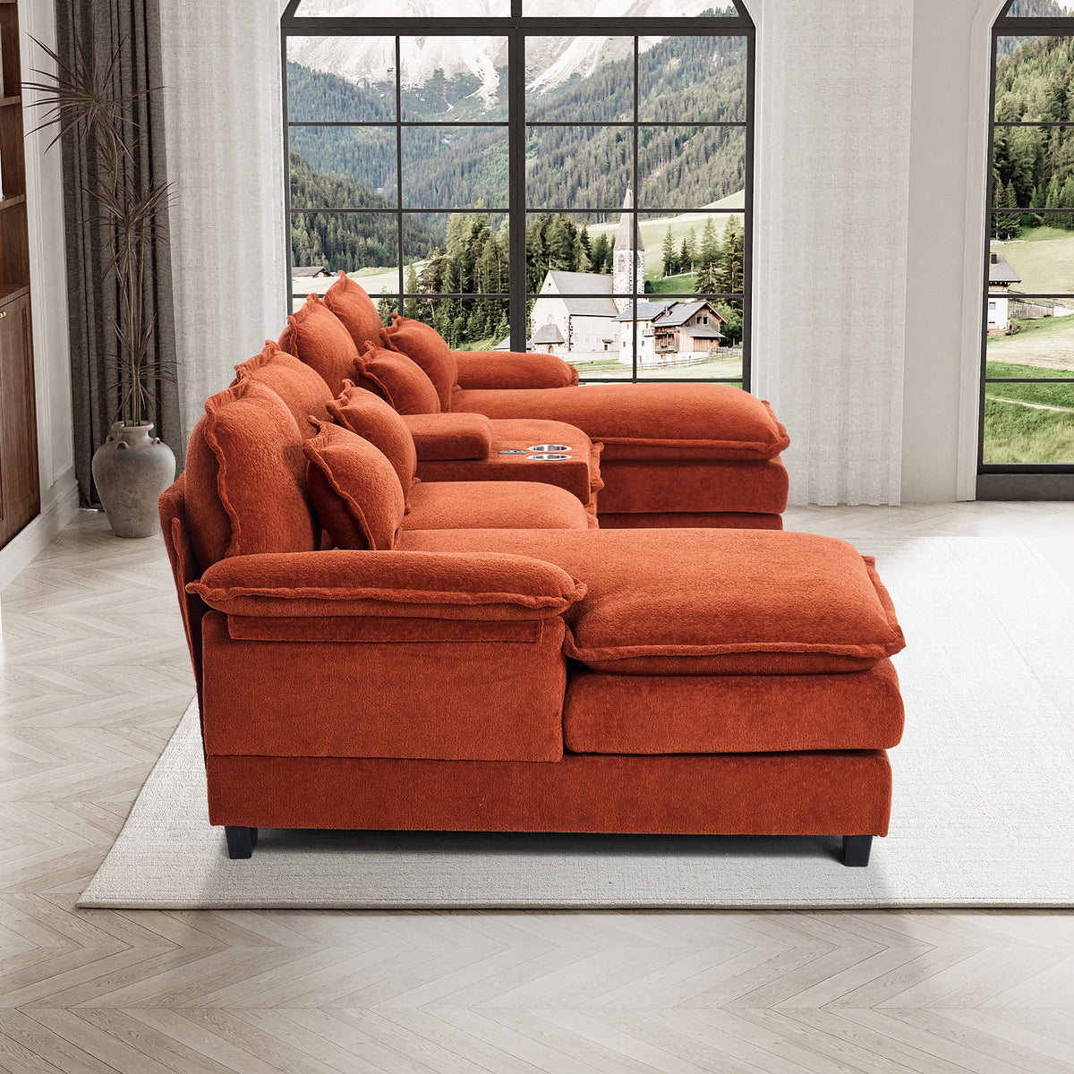 Canapé modulable en U Wiilayok Cloud Couch, méridienne double extra profonde de 124 cm en chenille duveteuse, console centrale avec ports USB-C et A doubles, gris tempête