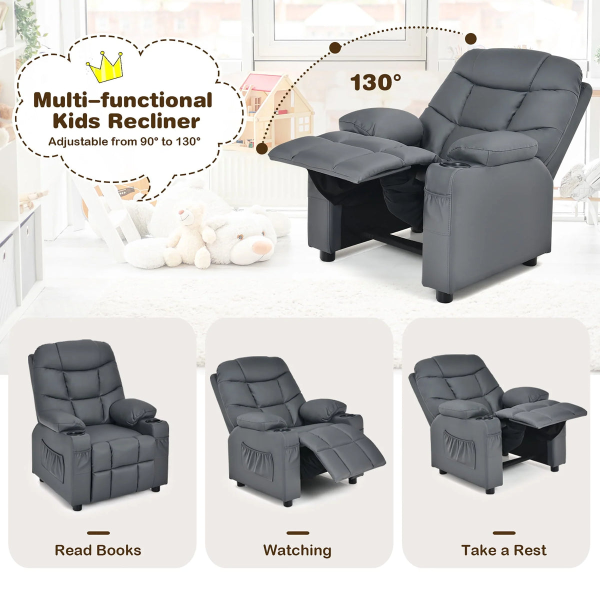 Fauteuil inclinable pour enfant et adolescent Costway en similicuir PU avec porte-gobelets et poches latérales, gris