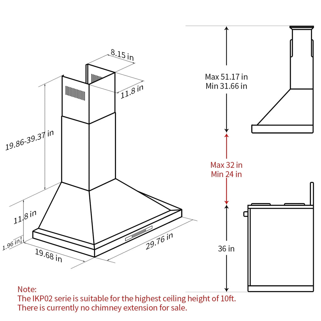 Hotte de cuisine murale noire IKTCH de 30 pouces, hotte d’extraction en acier inoxydable de 900 CFM avec évacuation par conduit ou recyclage, détection gestuelle et panneau de commande tactile, 2 éclairages réglables (IKP02-30-BSS)
