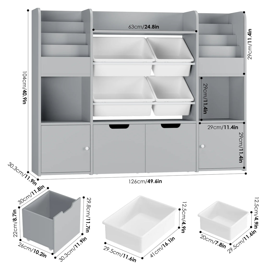 Hiphuta Bibliothèque et Meuble de Rangement pour Jouets pour Enfants, Organisateur en Bois avec 4 Paniers et 2 Tiroirs Amovibles pour la Maison et la Chambre, Étagère à Livres pour Enfants avec Bac à Jouets et Support à Livres, Blanc