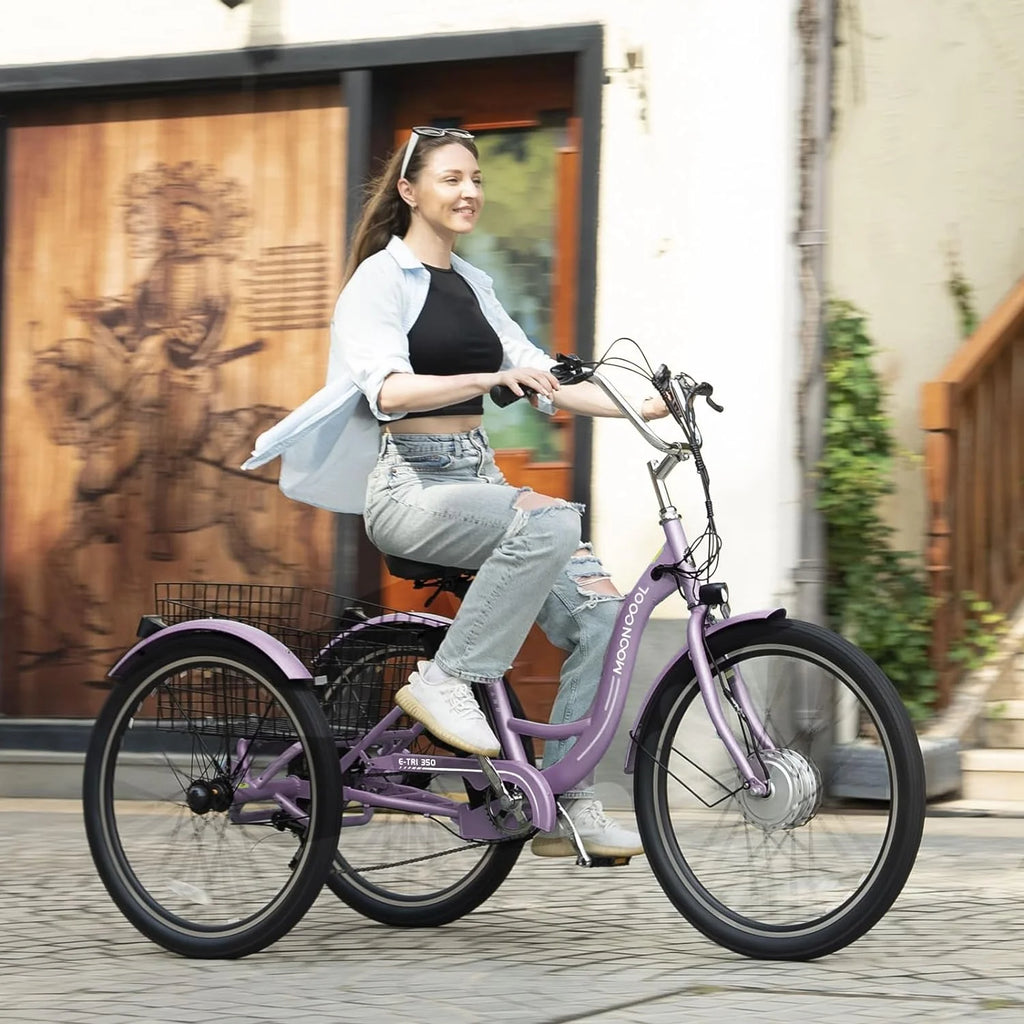 Tricycles électriques ABORON 24 26, batterie au lithium 36 V 10 Ah 350 W, triporteur électrique 7 vitesses pour adultes avec grand panier arrière et siège réglable
