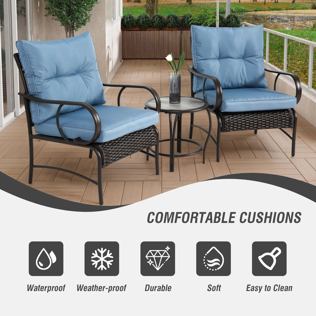 Ensemble de salon de jardin Villeston 3 pièces en résine tressée, avec 2 chaises et une table pour terrasse ou jardin, bleu