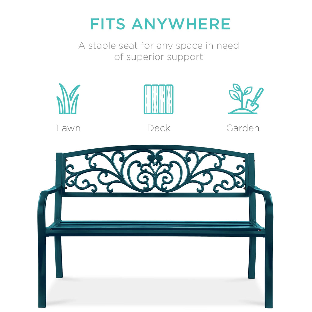 Best Choice Products Banc en Acier d'Extérieur Jardin Patio Porche Meuble avec Dossier à Motif Floral - Noir