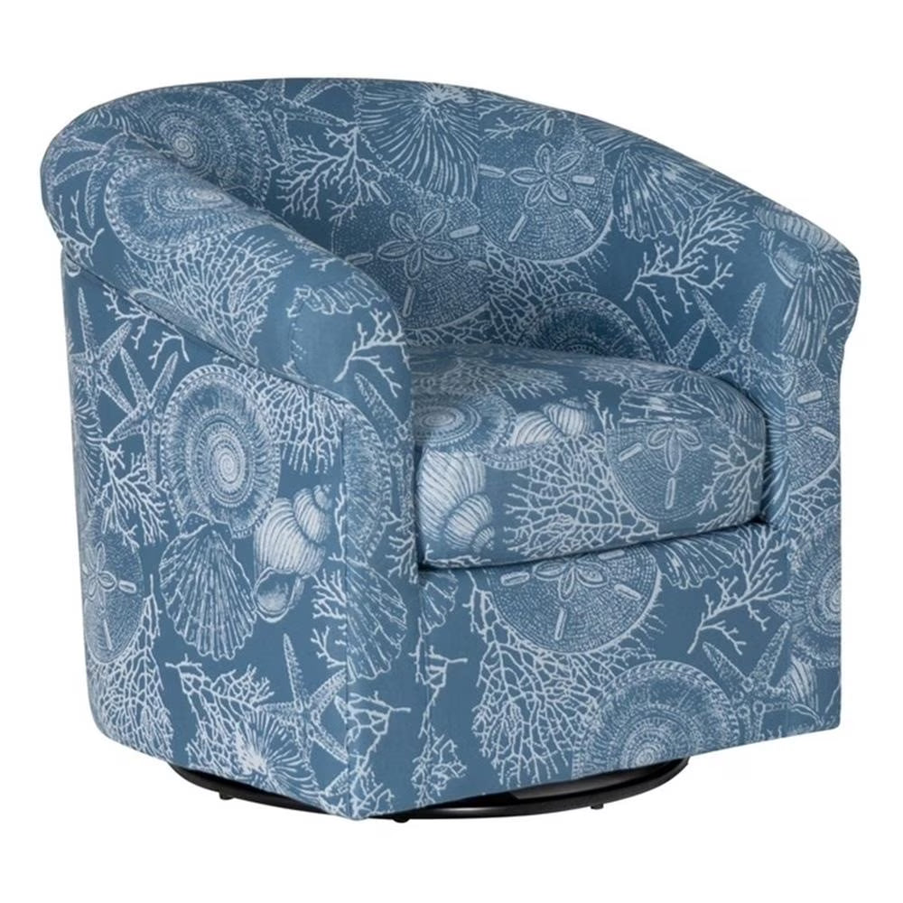 Fauteuil club pivotant entièrement rembourré Linon Rhea, motif coquillages bleus, style côtier