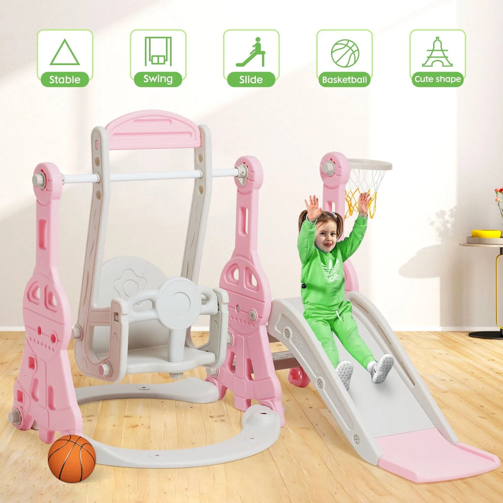 Ealing   Ensemble toboggan et balançoire 4 en 1 pour tout-petit   Structure de jeu avec toboggan d'intérieur et d'extérieur pour bébé   avec panier de basket-ball & Toboggan balançoire de jardin pour garçons et filles Longueur du toboggan : 11,02' L Rose