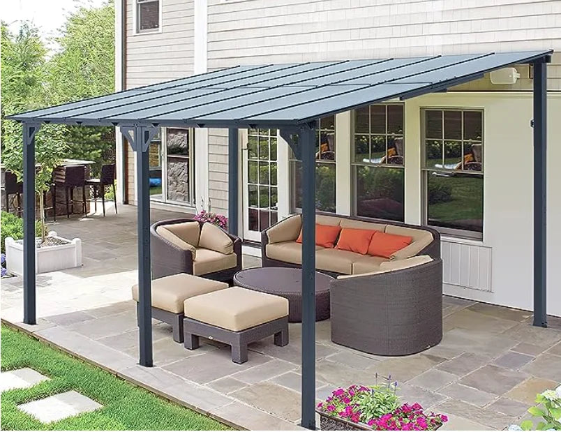 Pinypikaka Gazebo d'extérieur à toit rigide 12'x20', Pergola adossée avec toit pour pelouse, terrasse, deck, jardin, fête