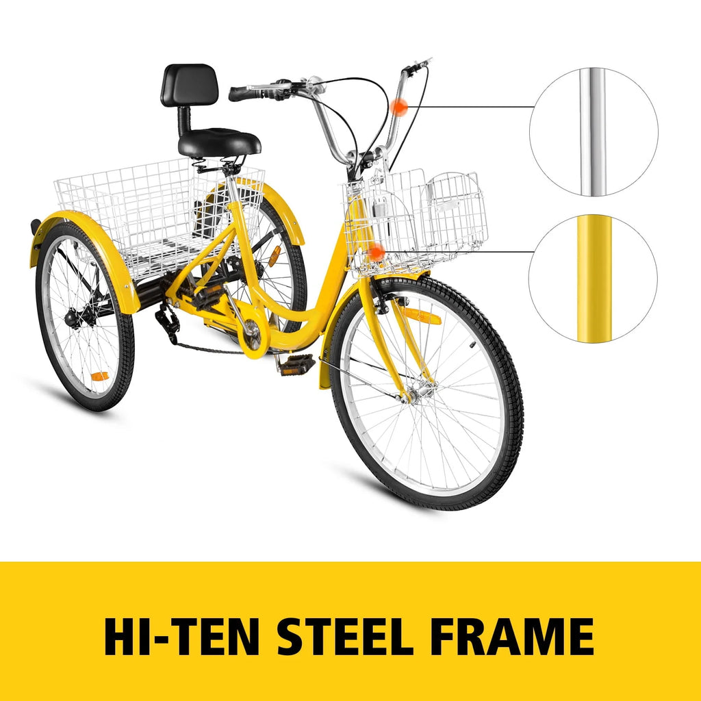 VEVOR Tricycle pour adulte 24 pouces Vélo à trois roues Vélo de balade 7 vitesses ,Tricycle avec siège réglable avec sonnette, système de freinage et panier Vélo de balade taille pour les courses