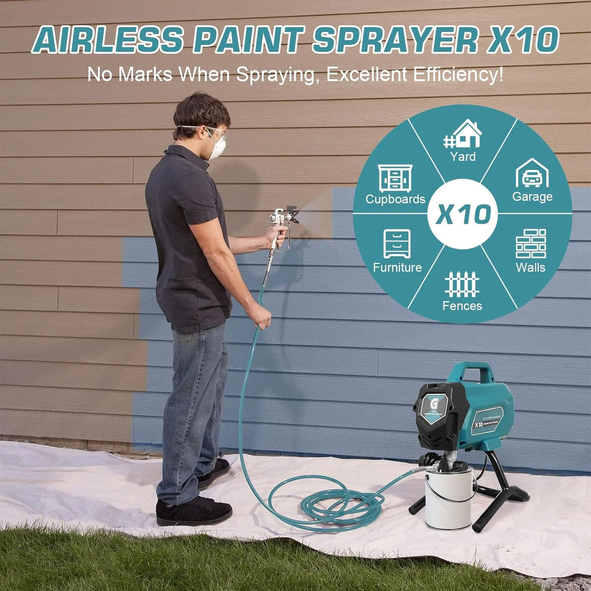 Pulvérisateur de peinture Airless Telyswee 750 W, pulvérisateur Airless sur pied 3300 PSI, pulvérisateur de peinture électrique haute efficacité pour projets de peinture DIY jusqu'à 10 gallons, extérieur de maison, clôture, terrasse
