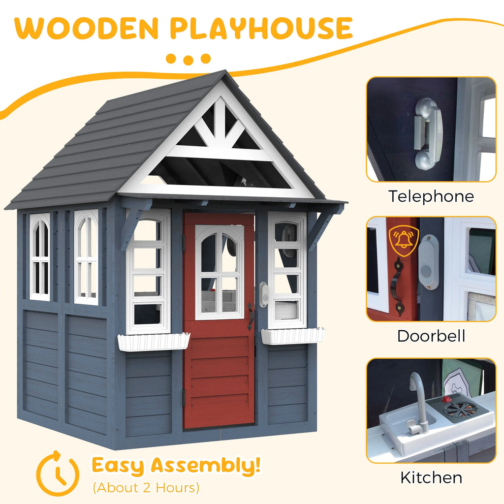 COCLUB Maison de jeu d’extérieur pour enfants de 4 à 8 ans, maison en bois avec sonnette, téléphone et jouets de cuisine, équipement de jeu extérieur pour enfants, maison pour filles (45L x 65H), blanc et noir