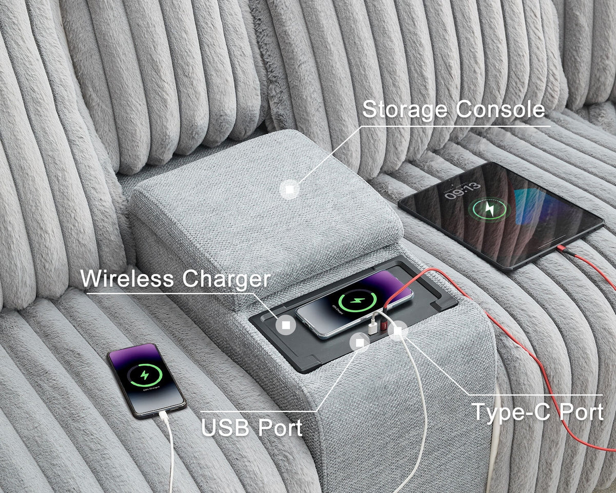 Canapé d’angle inclinable électrique avec chargeur sans fil, 6 places en fausse fourrure avec fauteuils inclinables, porte-gobelets dissimulés, console de rangement, ports USB et Type-C, noir