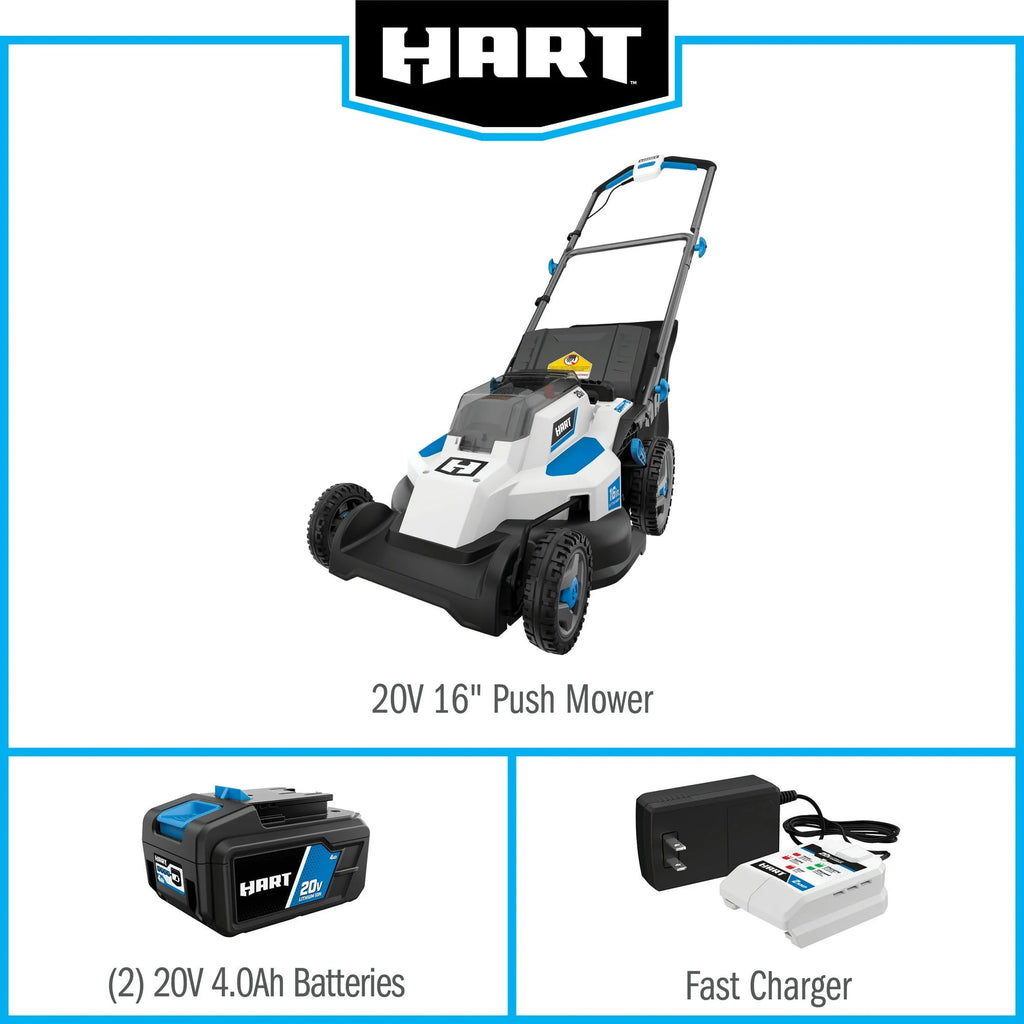 Kit de tondeuse à gazon à pousser HART 20 volts 16 pouces reconditionné, (2) batteries lithium-ion 20 volts 4,0 Ah, (1) chargeur de batterie (reconditionné)