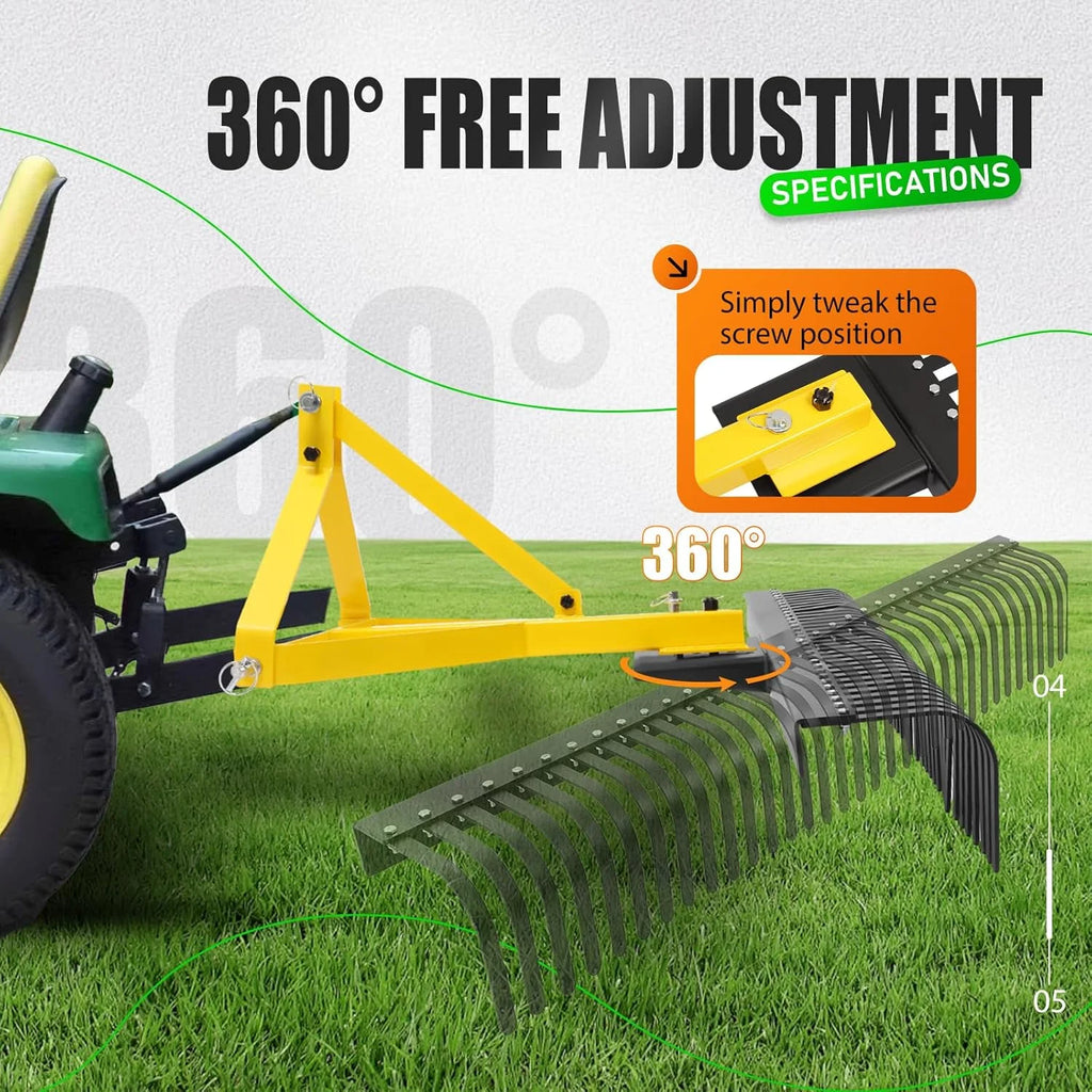 KOJEM Râteau paysage 60 po Râteau à 3 points Rotation à 360 degrés Compatible avec les tracteurs compacts Catégorie 1 Cat1 Outil de jardin remorqué pour jardin ferme Défrichage Râtelage de broussailles Arènes Lot de 2 Jaune
