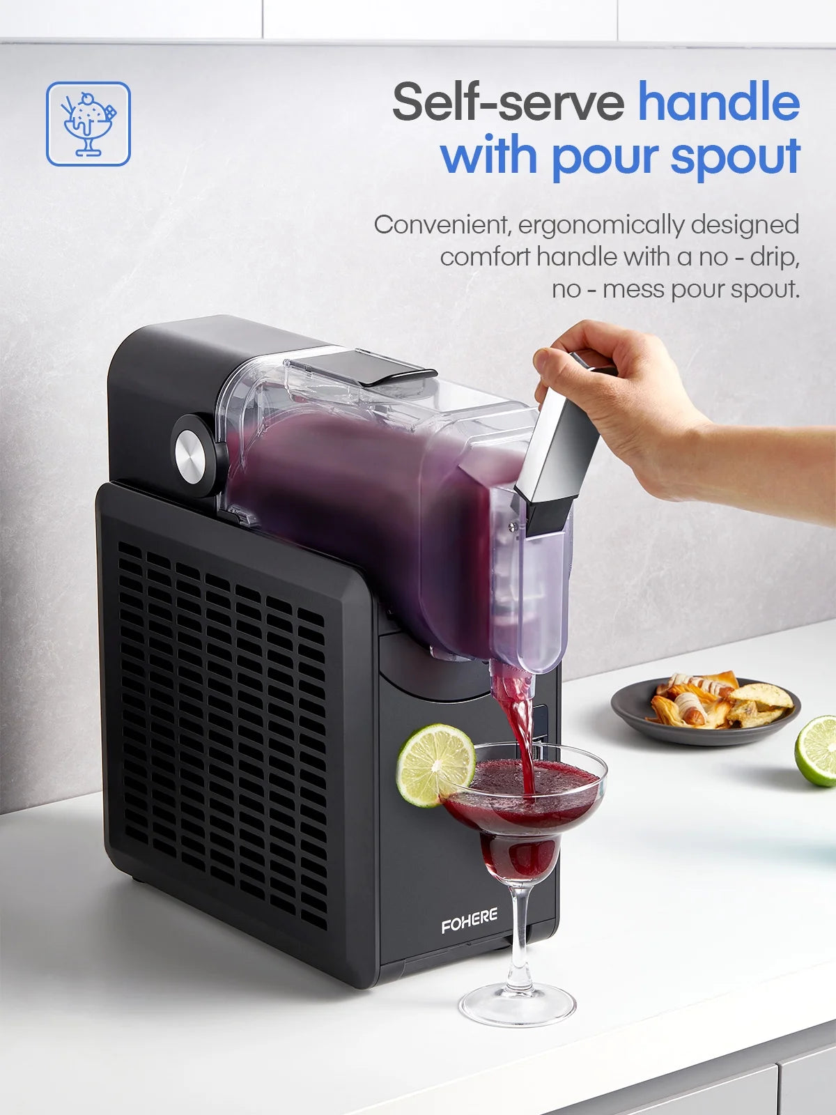 Machine à granité 5-en-1, sans glaçons, en 15 min, pour la maison, avec fonction autonettoyante, machine professionnelle à boissons glacées, 5 programmes prédéfinis, margaritas glacées, frappes, milkshakes et plus encore, FOHERE