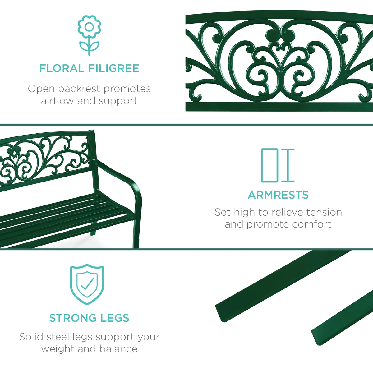 Best Choice Products Banc en Acier d'Extérieur Jardin Patio Porche Meuble avec Dossier à Motif Floral - Noir