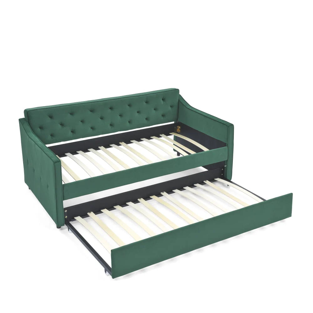 Lit de repos 1 place avec lit gigogne, cadre de lit moderne capitonné à boutons et rembourré en lin, avec lit gigogne coulissant, meuble de chambre à coucher, salon ou chambre d’amis, vert