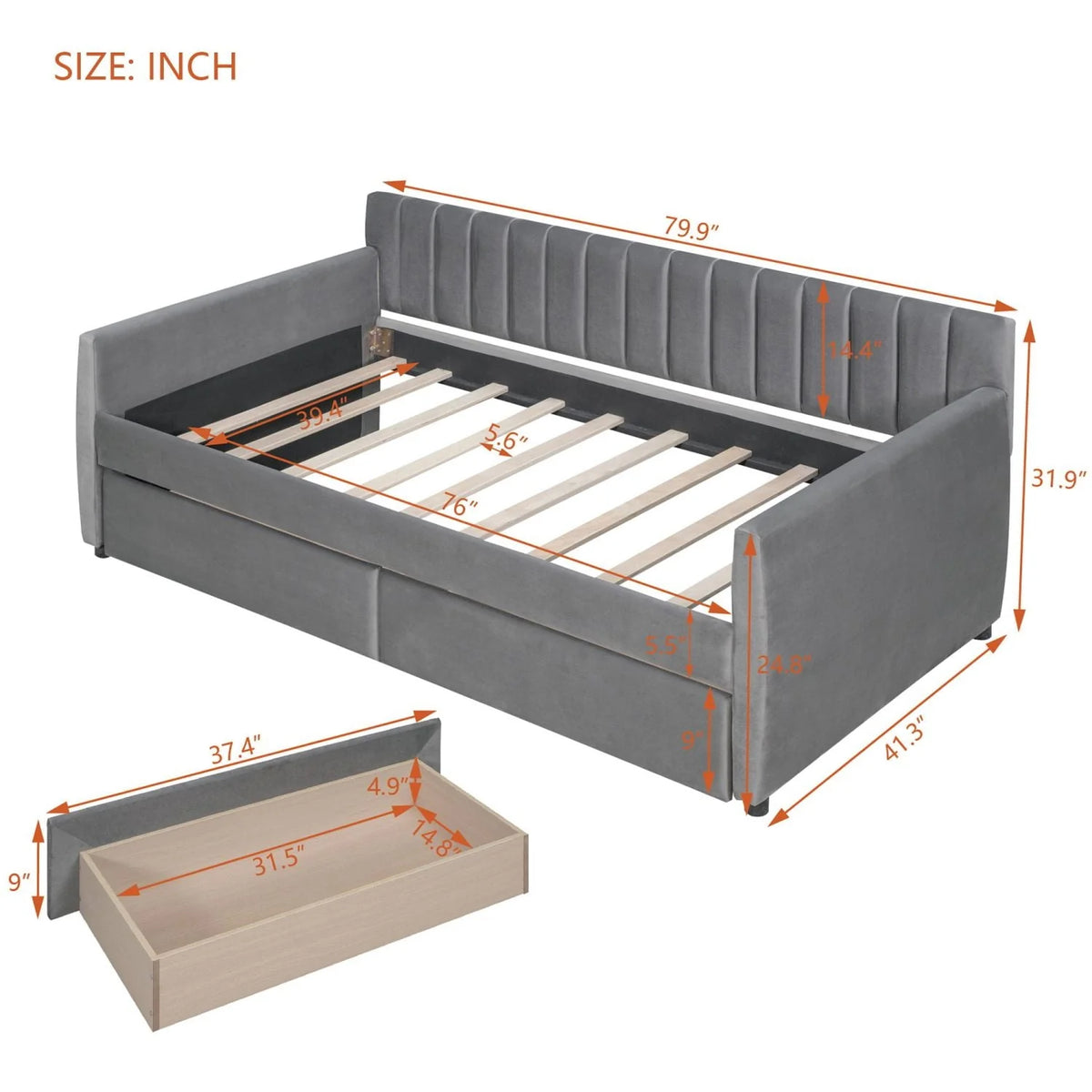 Lit de repos 1 place avec 2 tiroirs de rangement, cadre de lit-canapé capitonné et rembourré avec support à lattes en bois, parfait pour une chambre, gris