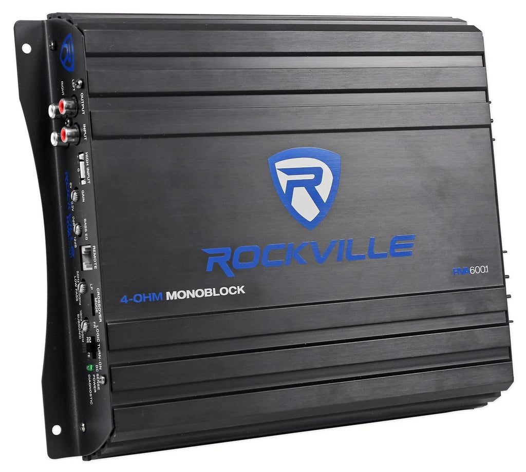Rockville RV12.2B Enceinte double caisson de basses 12 pouces 1200w+Amplificateur mono+Kit d'amplification