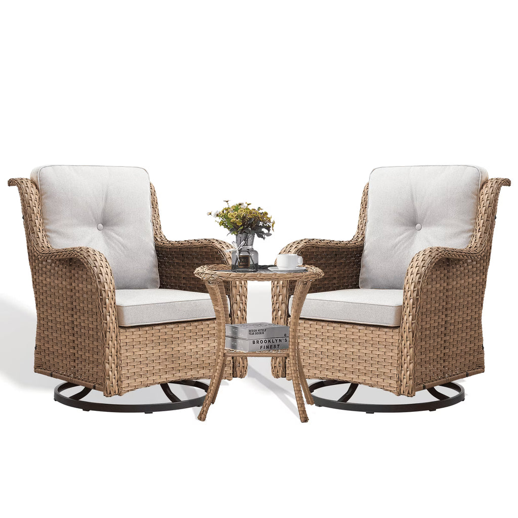 POCASSY Salon de Jardin 3 Pièces en Rotin Tressé Fauteuils Berçants et Pivotants avec Coussins